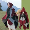 Burgundy and grey color-block hooded ethnic shawl with blanket stitch edges for travel - Burgundy