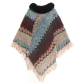 Herbst-Winter-Strickschal mit schwarzem Pelzkragen und buntem Zickzackmuster Fransen - Morgenmantel / Blau