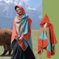 Ethnic style hooded striped poncho shawl in vibrant orange and blue tones - Orange