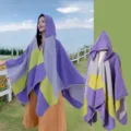 Bohemian ethnic style striped hooded shawl poncho for women in purple and lime green stripes - Purple