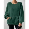Green fluffy long-sleeve sweatshirt for women, cozy winter pullover with front pocket. - 3XL / Green