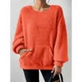 Orange fleece long sleeve sweatshirt for women casual cozy pullover top with pocket - S / Orange Red