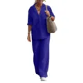 Blue long sleeve shirt and wide leg pants two piece set for women casual solid color outfit. - Sapphire Blue