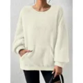 Casual solid color fuzzy long sleeve sweatshirt in beige, cozy pullover with front pocket. - S / Milky White