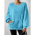 Blue fleece sherpa sweatshirt for women, cozy winter long sleeve pullover with front pocket. - S / Sky Blue