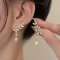 Elegant gold floral earrings featuring marquise-cut stones and dangling white pearl drops - Marquise Flower Artificial Pearl Tassel (ER22Y1372)