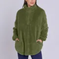 Olive green fleece pullover sweatshirt detail, soft fuzzy texture, quarter zip mock neck. - S / Army Green