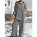 Conjunto casual de mujer con camisa de manga larga y pantalones anchos cómodos para diario. - Gris