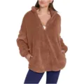 Women brown sherpa half zip fleece pullover sweatshirt casual stand collar warm winter top - S / Coffee