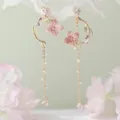 Elegant long pink floral tassel earrings with heart-shaped crystal studs and pearls - Pink Flower Green Leaf Rhinestone Tassel (ER21Y0007)