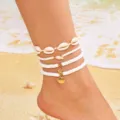 Bohemian white bead and shell anklet set for summer beach wear - Four-Piece Set / White Woven Shell Heishi Bead (AK25Y0053)