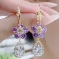Elegant purple crystal flower drop earrings with clear teardrop crystal pendants for women - Purple Flower Teardrop Pendant (ER23Y0104)