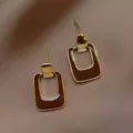 Elegant rectangular drop earrings with gold-tone frame and dark brown enamel inlay - Gold Brown Vintage Rectangle (ER24Y0242)