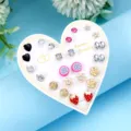 12 pairs of assorted fashion stud earrings set presented on a heart-shaped display card - Fruit Flower Set (ER24Y0074—4)