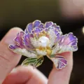 Elegant purple enamel peony brooch with pearl center and pavé crystals for women - Purple Peony Flower