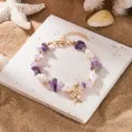 Bohemian beach bracelet with purple stones, seashells and golden starfish charm. - Bracelet / Purple