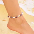 Bohemian beach anklet with purple crushed stones, shells, and a gold starfish charm - Anklet / Purple