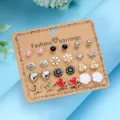 Ensemble de 12 paires de boucles d'oreilles tendance avec cœurs étoiles et cristaux - Lot Perle Rose (ER24Y0075—1)