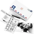 Close-up detail of portable mini thermal printer with sample prints, clear and compact design. - Includes One Roll of Thermal Paper / White