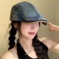 Washed denim flat cap for women, retro newsboy hat with brown brim, stylish y2k autumn accessory - Dark Blue