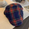 Vintage plaid flat cap for women, stylish British style ivy cap, trendy streetwear beret hat. - Navy Blue