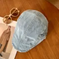 Light blue denim flat cap for women, stylish washed cotton newsboy hat, Y2K retro beret. - Sky Blue