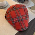 Retro British style red plaid flat cap, stylish summer breathable newsboy hat for women. - Red Stripe
