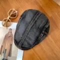 Washed denim flat cap for women, retro newsboy hat with orange stitching, casual style. - Denim Black