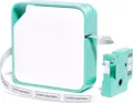 Portable Bluetooth label maker machine with tape cartridge, compact design for office and home. - White and Green (Includes Ribbon)