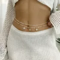 Elegant bohemian white handmade beaded multi-layer body chain with gold shell charms - Set of 2 / Pearl White