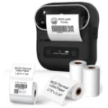 Portable Bluetooth thermal label printer with multiple label paper rolls for office use. - M220 English Edition (Includes 1 Roll) / Black