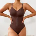 Body gainant marron double couche ventre plat avec fermeture à crochet pour taille fine. - S / Café