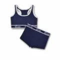 Dark blue ribbed cotton girls sports bra and boxer shorts underwear set with sweet elastic band - S / Navy Blue