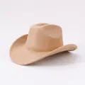 Khaki Suede Cowboy Hat Vintage Rolled Brim Western Riding Hat Fashion Woolen Cap - Adjustable / Khaki