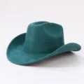Dark green suede western cowboy hat, vintage rolled brim fedora for stylish retro outdoor wear. - Adjustable / Lake Green