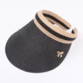 Summer Black Straw Sun Visor Hat with Beige Striped Band and Gold Bow Detail for Women - Adjustable / Adult Style - Black