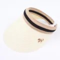 Women summer straw sun visor hat, empty top large brim with metal bow and striped band. - Adjustable / Adult Style - Milk White