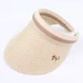 Summer straw sun visor hat for women and kids with striped band and cute metal bow accessory. - Adjustable / Adult-Beige