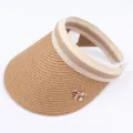 Women summer straw sun visor empty top hat with chic metal bow and wide brim casual - Adjustable / Adult Style - Light Coffee