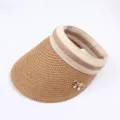 Chapeau de paille visière été femme haut vide large bord avec nœud en métal beige - Réglable / Modèle enfant - café clair
