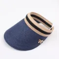 Femme Chapeau Visière de Soleil en Paille Bleu avec Bande à Rayures Noires et Nœud en Métal - Réglable / Modèle enfant - bleu marine