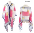 Detail view of a geometric print chiffon sun protection shawl showing two wearing styles - 96*150cm / Rose Red