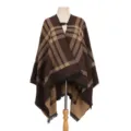 Elegante bruin geruite gebreide poncho met leren gesp en zwarte franjes - Tops / 130*150cm / koffiekleur
