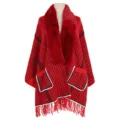 Elegante poncho de punto de pata de gallo rojo con cuello de piel sintética y flecos - Tops / 65*180CM / Rojo