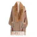 Poncho de punto grueso para mujer con cuello de piel sintética y flecos de borlas - Tops / 65*180CM / Caqui