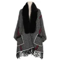 Elegante poncho de punto de pata de gallo para mujer con cuello de pelo y flecos - Tops / 65*180CM / Negro