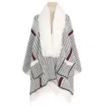 Poncho de punto con diseño de pata de gallo, cuello de piel sintética y flecos largos - Tops / 65*180CM / Blanco