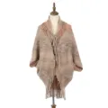 Women's warm knitted poncho shawl with fringe in brown variegated pattern, winter style - 105*88CM / Khaki