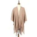 Elegant warm knitted split poncho shawl with colorful heathered pattern and fringe detail - 125x100cm / Khaki