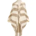 Soft striped chenille open front cardigan shawl with fringe trim for women in cream and brown - Khaki / 85x90cm